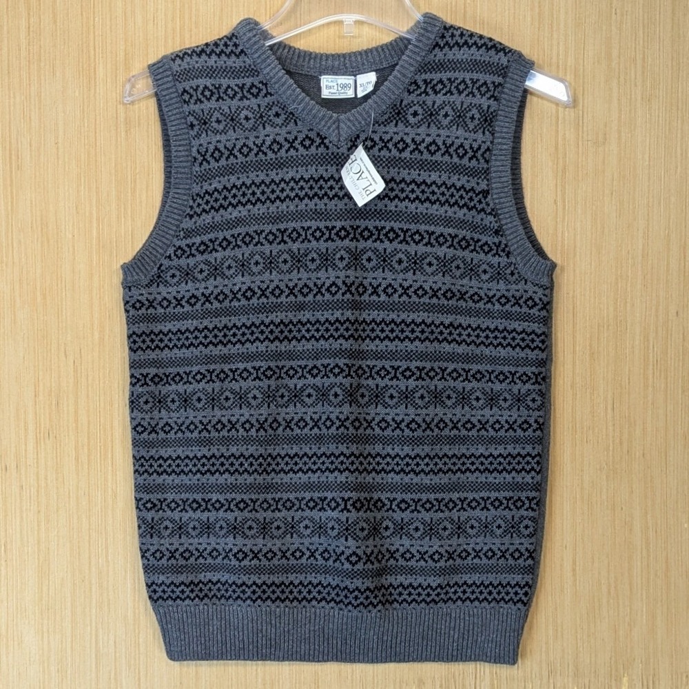 The Childrens Place Boys XL 14 Charcoal Grey Fair Isle Cotton Sweater Vest NWT